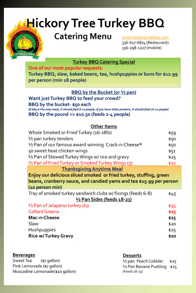 Hickory Tree Turkey BBQ catering menu.